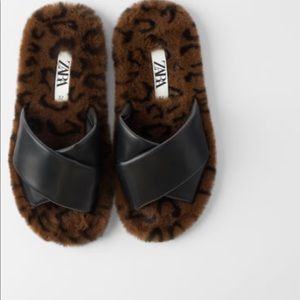 🆕Last Zara Faux Fur Animal Print Slide Sandals